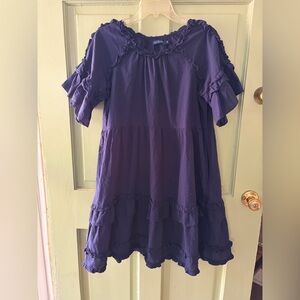 La Plage Navy Ruffle Tiered Dress Womens medium Cotton Flutter Sleeve Peasant